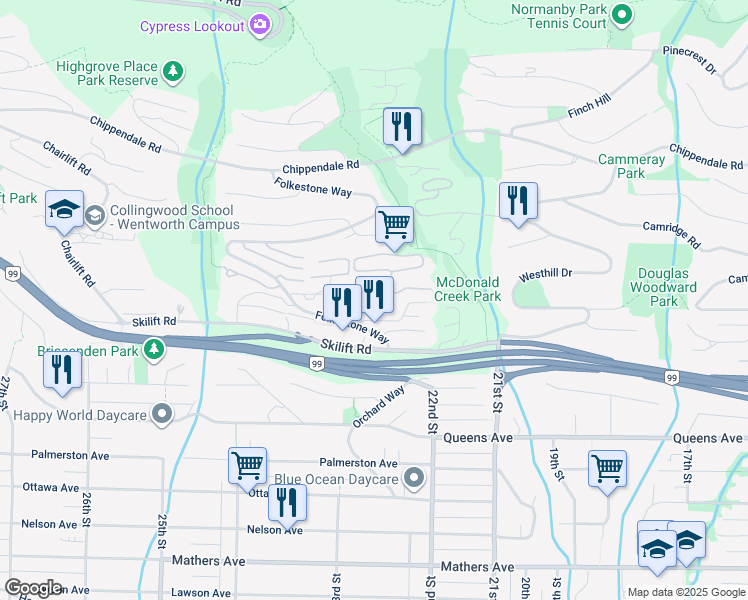 map of restaurants, bars, coffee shops, grocery stores, and more near 2242 Folkestone Way in West Vancouver