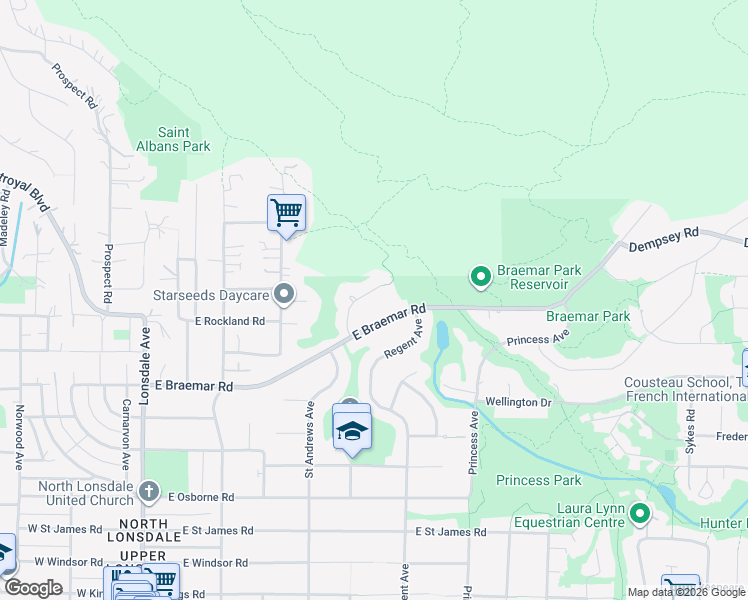 map of restaurants, bars, coffee shops, grocery stores, and more near 3938 Braemar Place in North Vancouver