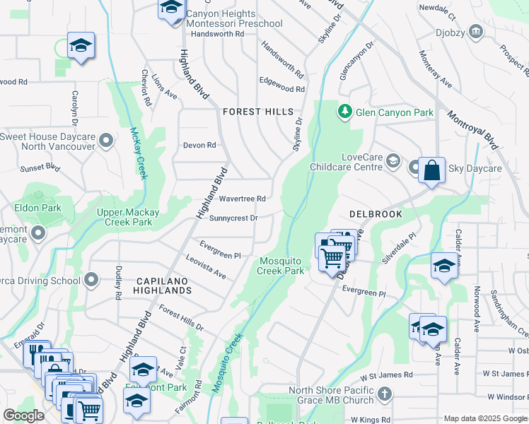 map of restaurants, bars, coffee shops, grocery stores, and more near 4090 Sunnycrest Drive in North Vancouver