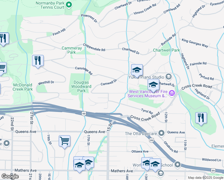 map of restaurants, bars, coffee shops, grocery stores, and more near 1485 Camelot Road in West Vancouver