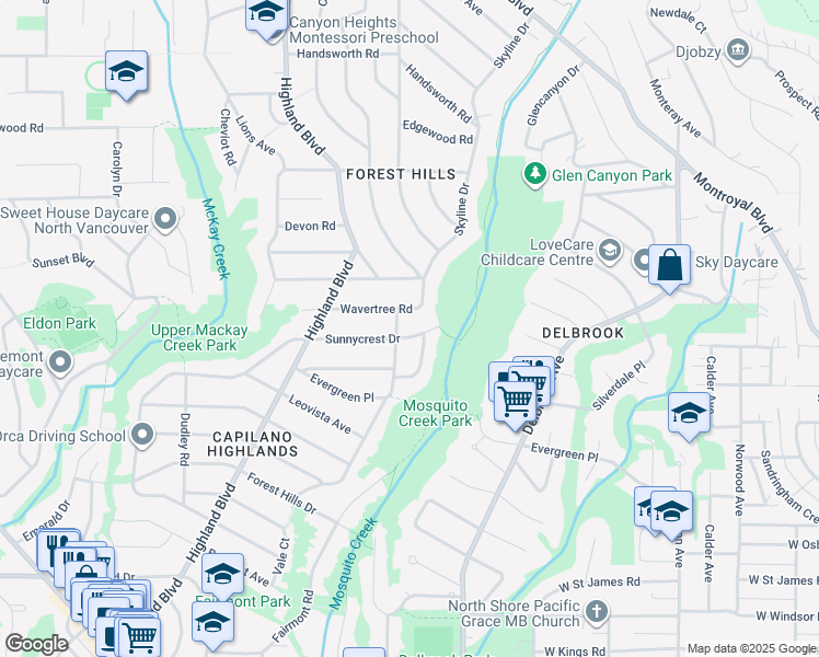 map of restaurants, bars, coffee shops, grocery stores, and more near 4090 Sunnycrest Drive in North Vancouver