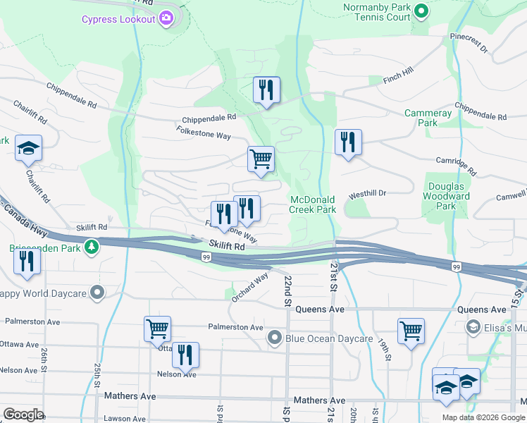 map of restaurants, bars, coffee shops, grocery stores, and more near 2246 Folkestone Way in West Vancouver