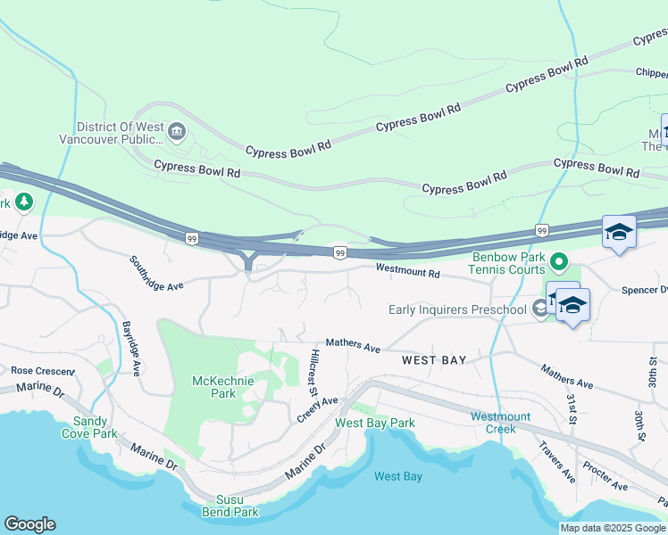 map of restaurants, bars, coffee shops, grocery stores, and more near 3525 Westmount Road in West Vancouver