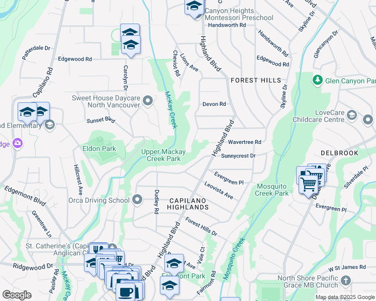 map of restaurants, bars, coffee shops, grocery stores, and more near 4011 Lions Avenue in North Vancouver