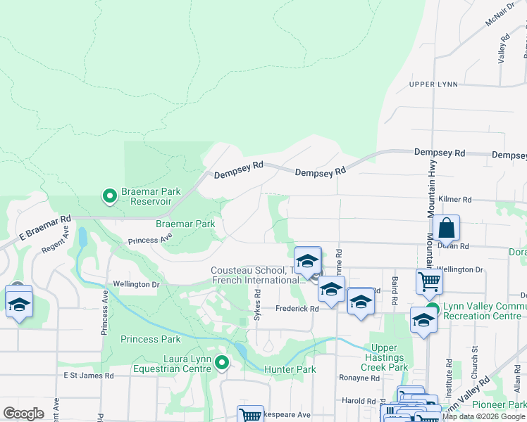 map of restaurants, bars, coffee shops, grocery stores, and more near 3866 Michener Way in North Vancouver