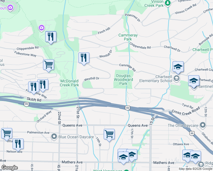 map of restaurants, bars, coffee shops, grocery stores, and more near Westhill Wynd in West Vancouver