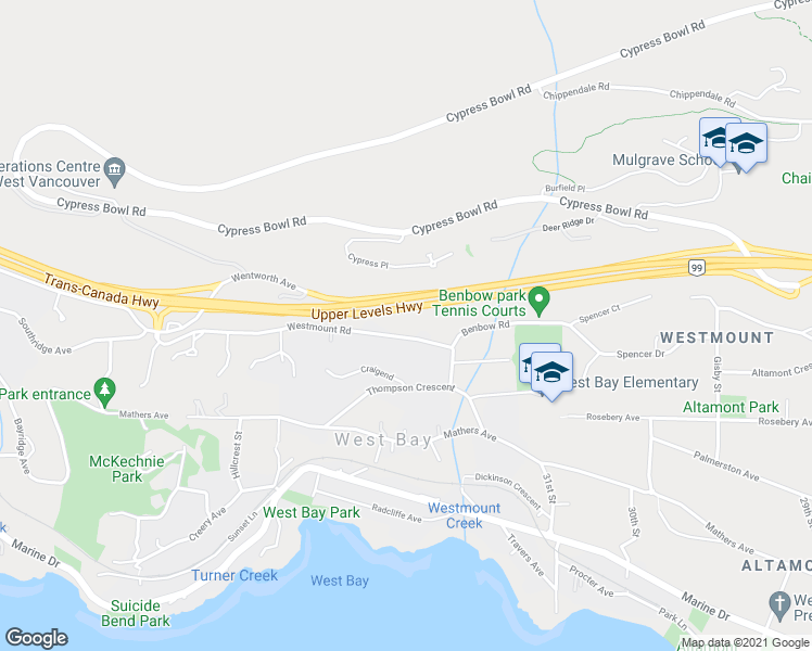 map of restaurants, bars, coffee shops, grocery stores, and more near 3305 Westmount Road in West Vancouver