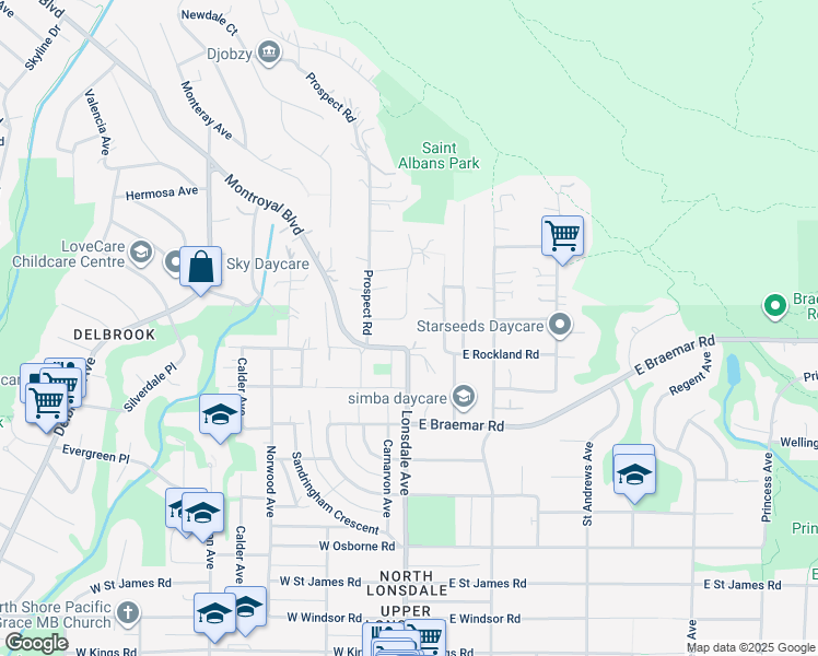 map of restaurants, bars, coffee shops, grocery stores, and more near 105 Monte Vista Court in North Vancouver