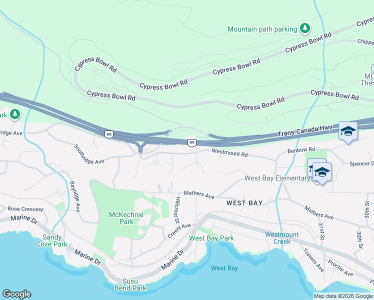 map of restaurants, bars, coffee shops, grocery stores, and more near 3525 Westmount Road in West Vancouver