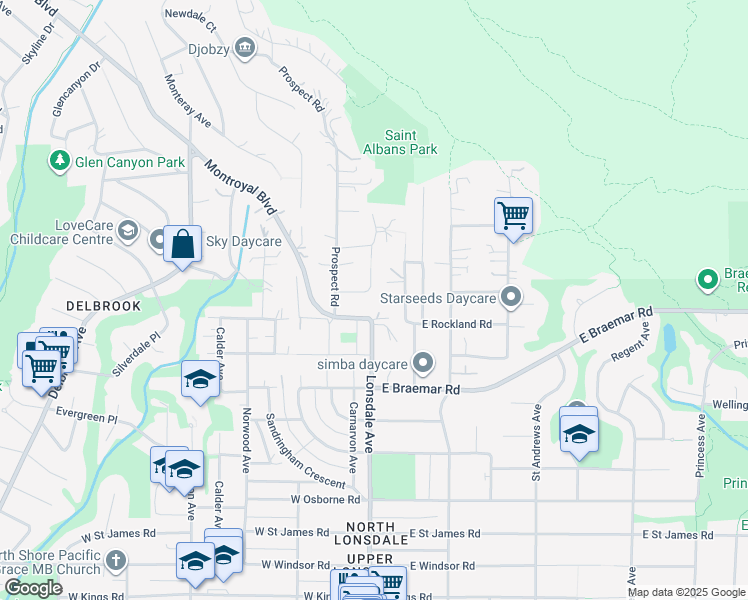 map of restaurants, bars, coffee shops, grocery stores, and more near 105 Monte Vista Court in North Vancouver