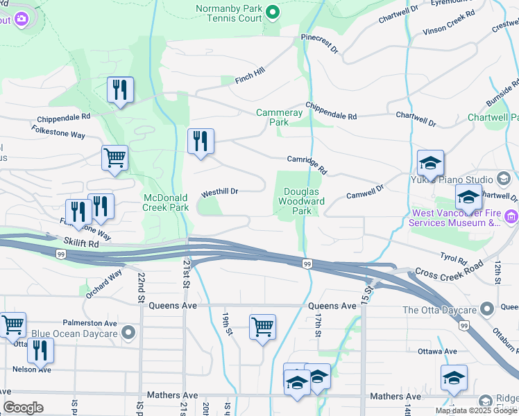 map of restaurants, bars, coffee shops, grocery stores, and more near 2171 Westhill Wynd in West Vancouver