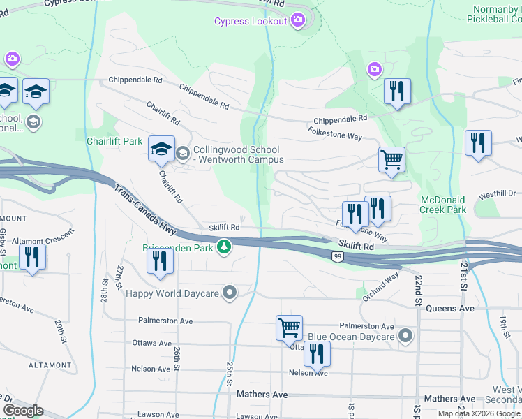 map of restaurants, bars, coffee shops, grocery stores, and more near 2451 Skilift Road in West Vancouver