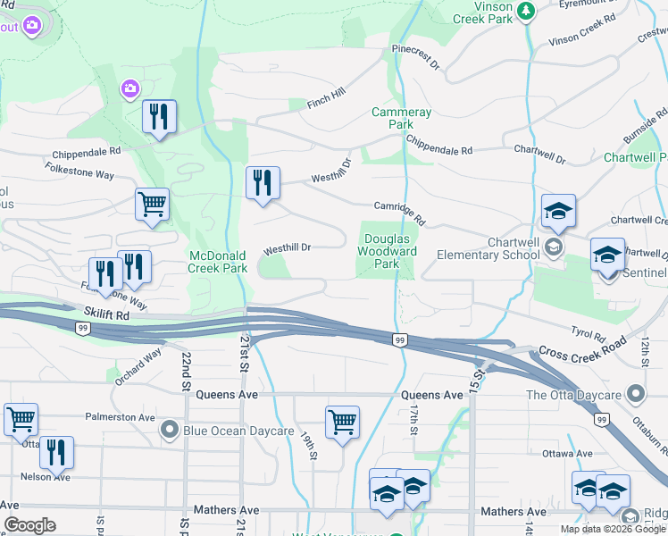 map of restaurants, bars, coffee shops, grocery stores, and more near Westhill Wynd in West Vancouver