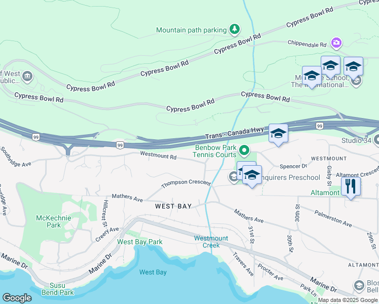map of restaurants, bars, coffee shops, grocery stores, and more near 3295 Westmount Road in West Vancouver