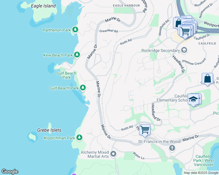 map of restaurants, bars, coffee shops, grocery stores, and more near 5260 Keith Road in West Vancouver