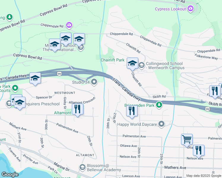 map of restaurants, bars, coffee shops, grocery stores, and more near 2780 Rosebery Avenue in West Vancouver