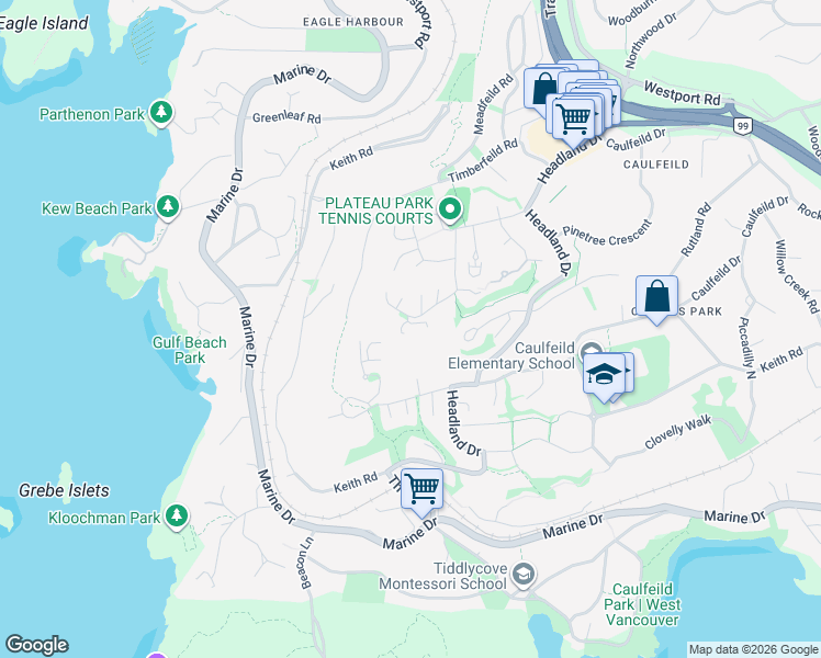 map of restaurants, bars, coffee shops, grocery stores, and more near 5436 West Vista Court in West Vancouver