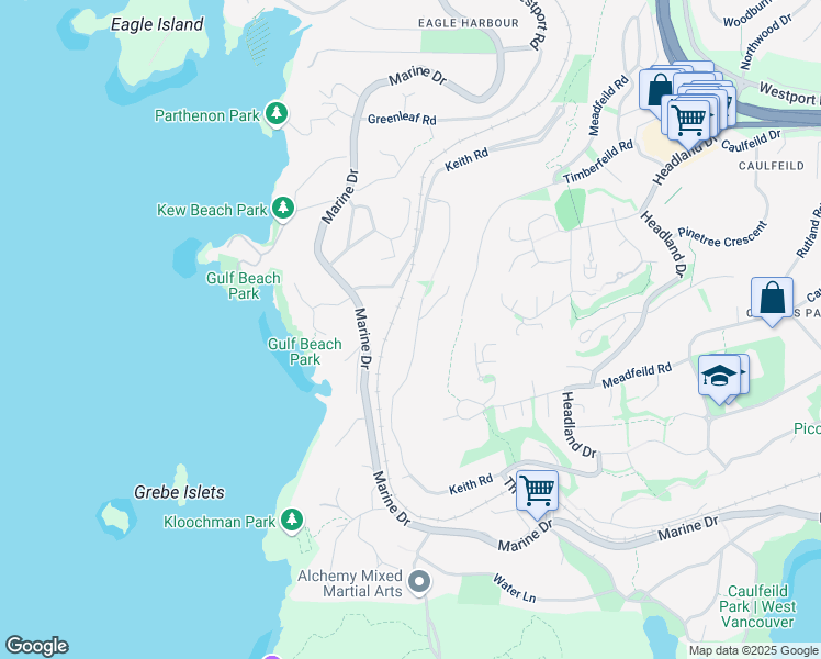 map of restaurants, bars, coffee shops, grocery stores, and more near 5260 Keith Road in West Vancouver