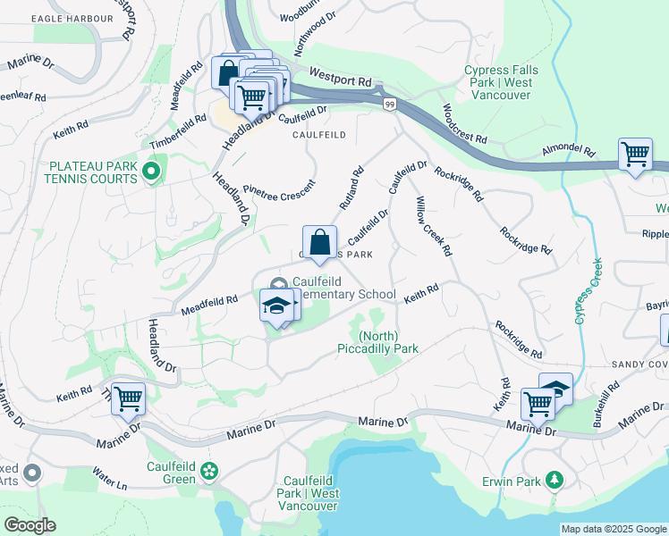 map of restaurants, bars, coffee shops, grocery stores, and more near 4635 Cherbourg Drive in West Vancouver