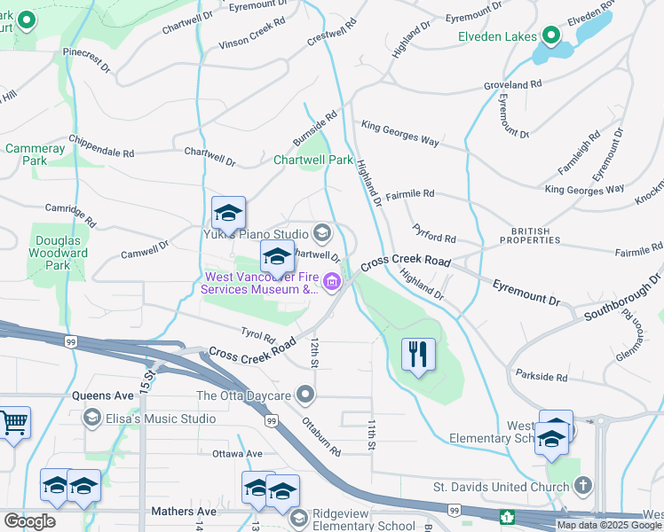 map of restaurants, bars, coffee shops, grocery stores, and more near 1180 Chartwell Drive in West Vancouver