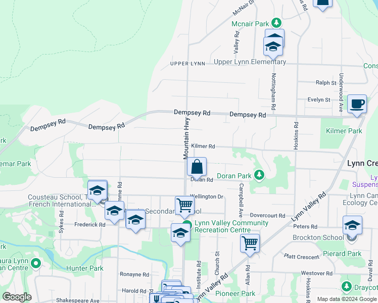 map of restaurants, bars, coffee shops, grocery stores, and more near 3976 Mountain Highway in North Vancouver