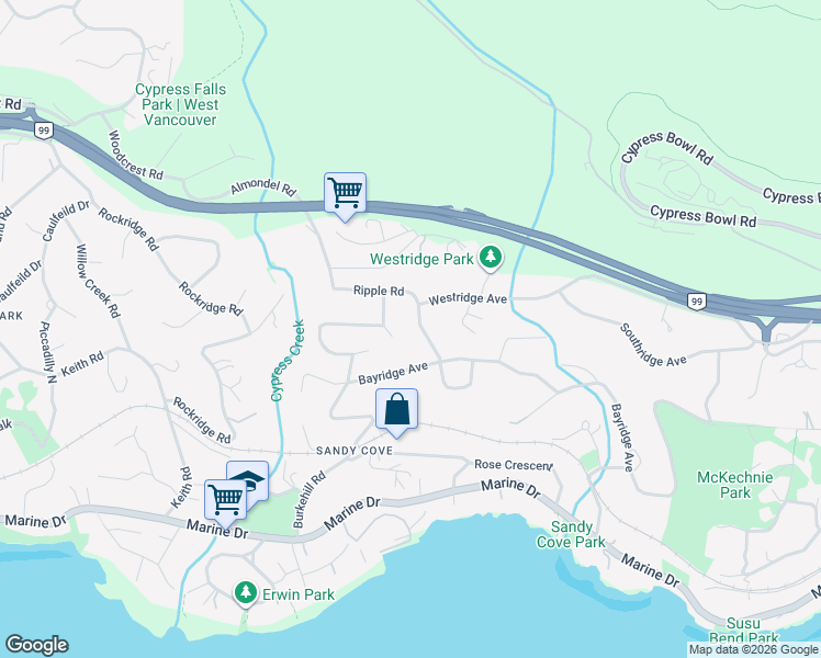 map of restaurants, bars, coffee shops, grocery stores, and more near in West Vancouver