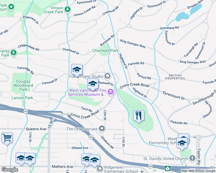 map of restaurants, bars, coffee shops, grocery stores, and more near 1190 Chartwell Drive in West Vancouver
