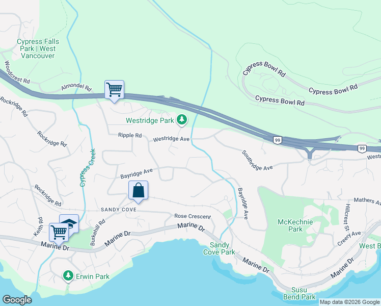 map of restaurants, bars, coffee shops, grocery stores, and more near 3965 Viewridge Place in West Vancouver