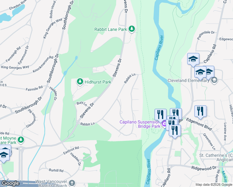 map of restaurants, bars, coffee shops, grocery stores, and more near 349 Rabbit Lane in West Vancouver