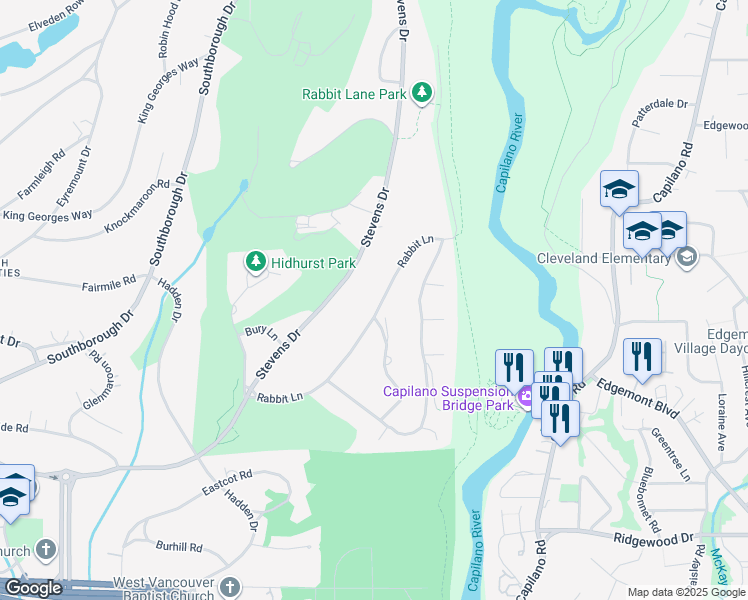 map of restaurants, bars, coffee shops, grocery stores, and more near 341 Rabbit Lane in West Vancouver