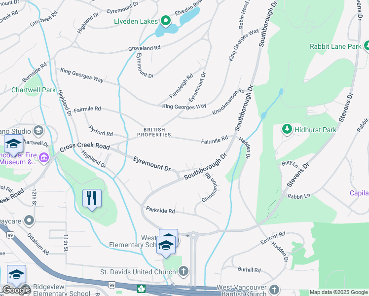 map of restaurants, bars, coffee shops, grocery stores, and more near 720 Fairmile Road in West Vancouver
