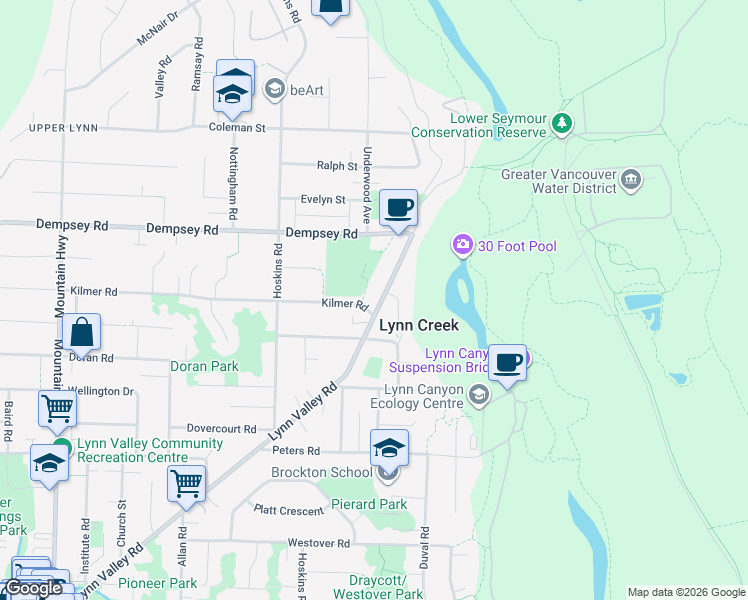 map of restaurants, bars, coffee shops, grocery stores, and more near 3981 Lynn Valley Road in North Vancouver
