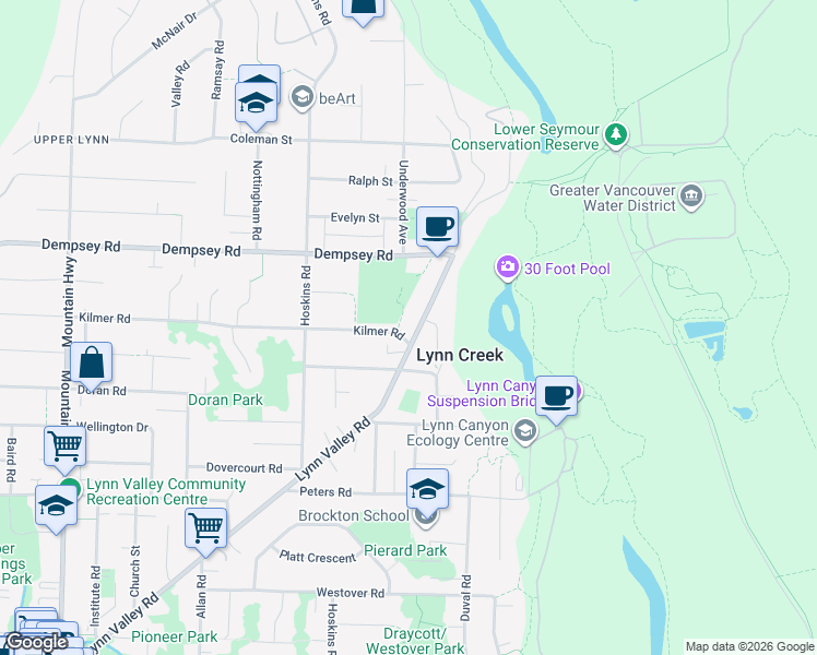 map of restaurants, bars, coffee shops, grocery stores, and more near 3981 Lynn Valley Road in North Vancouver