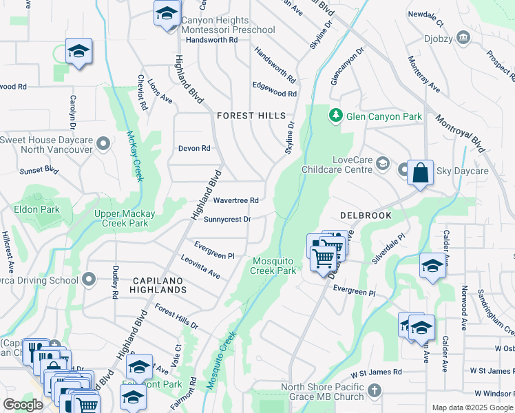 map of restaurants, bars, coffee shops, grocery stores, and more near 883 Wavertree Road in North Vancouver