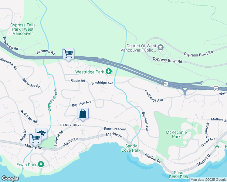 map of restaurants, bars, coffee shops, grocery stores, and more near 3965 Viewridge Place in West Vancouver