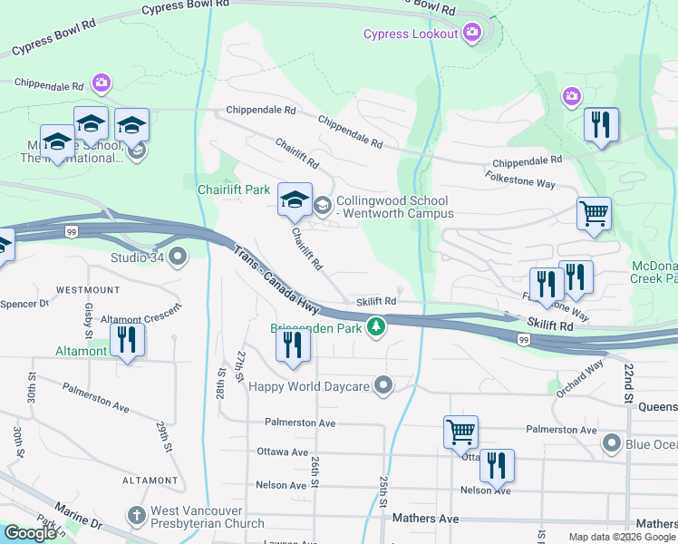 map of restaurants, bars, coffee shops, grocery stores, and more near Chairlift Place in West Vancouver