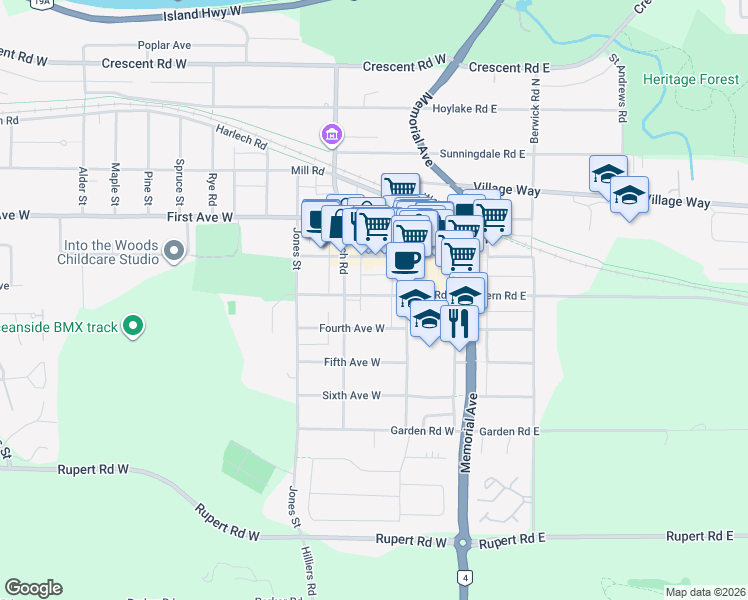 map of restaurants, bars, coffee shops, grocery stores, and more near 175 Fourth Avenue West in Qualicum Beach