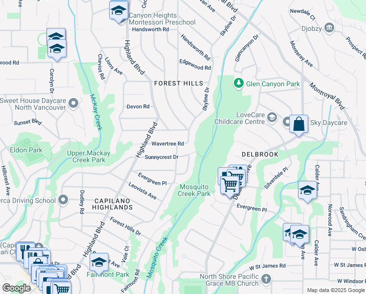 map of restaurants, bars, coffee shops, grocery stores, and more near 883 Wavertree Road in North Vancouver