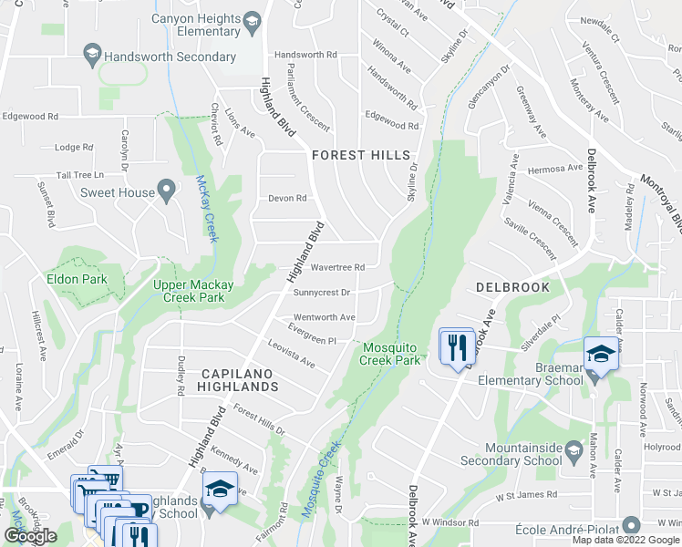 map of restaurants, bars, coffee shops, grocery stores, and more near 917 Wavertree Road in North Vancouver