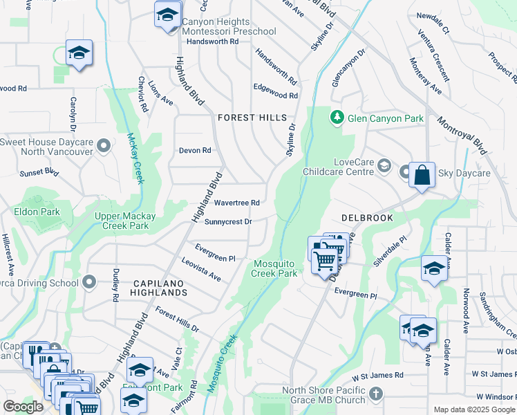 map of restaurants, bars, coffee shops, grocery stores, and more near 883 Wavertree Road in North Vancouver