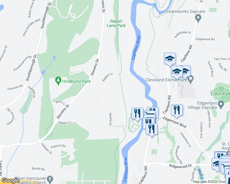 map of restaurants, bars, coffee shops, grocery stores, and more near 314 Moyne Drive in West Vancouver