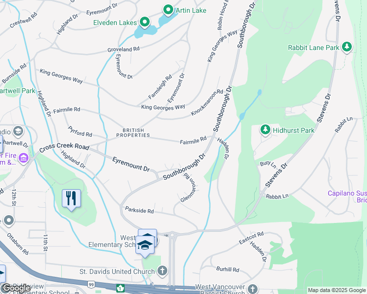map of restaurants, bars, coffee shops, grocery stores, and more near 670 Fairmile Road in West Vancouver