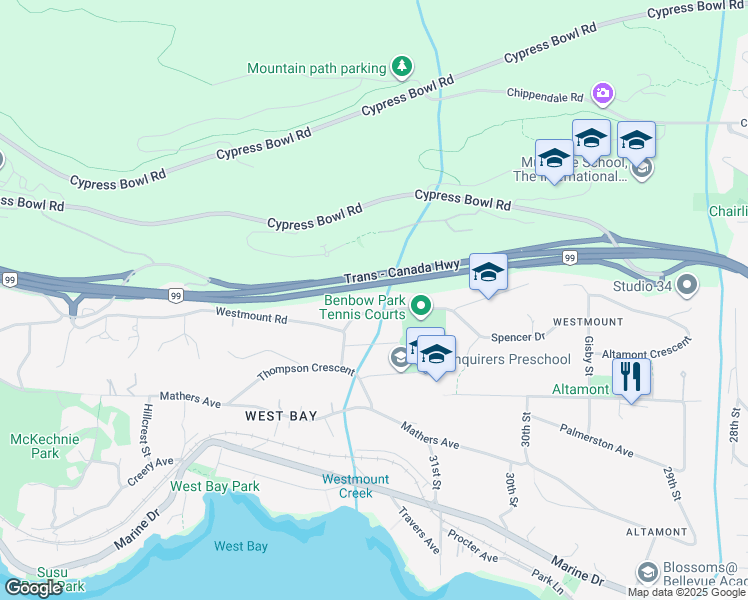 map of restaurants, bars, coffee shops, grocery stores, and more near 3175 Benbow Road in West Vancouver