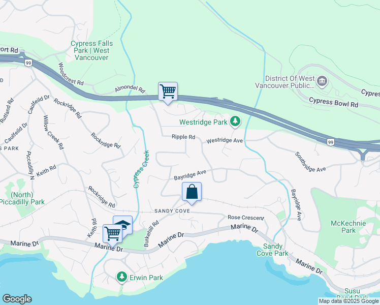 map of restaurants, bars, coffee shops, grocery stores, and more near 4050 Ripple Place in West Vancouver