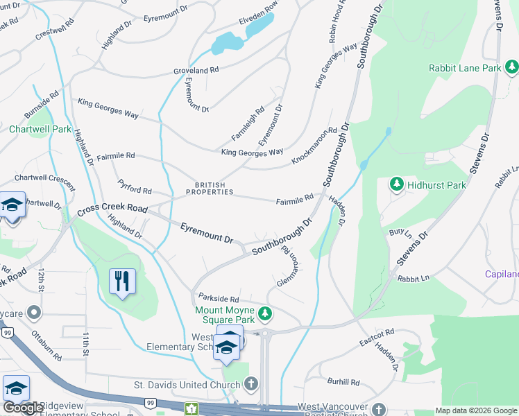 map of restaurants, bars, coffee shops, grocery stores, and more near 710 Fairmile Road in West Vancouver