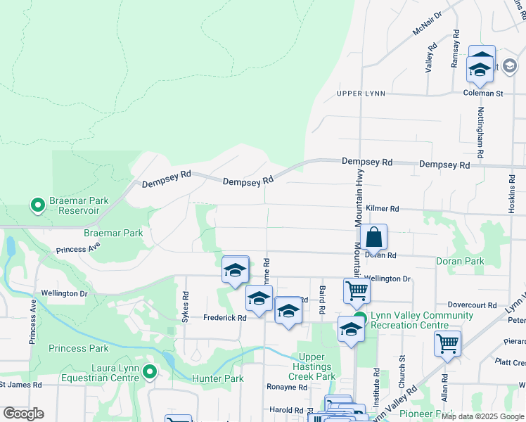 map of restaurants, bars, coffee shops, grocery stores, and more near 1089 Kilmer Road in North Vancouver