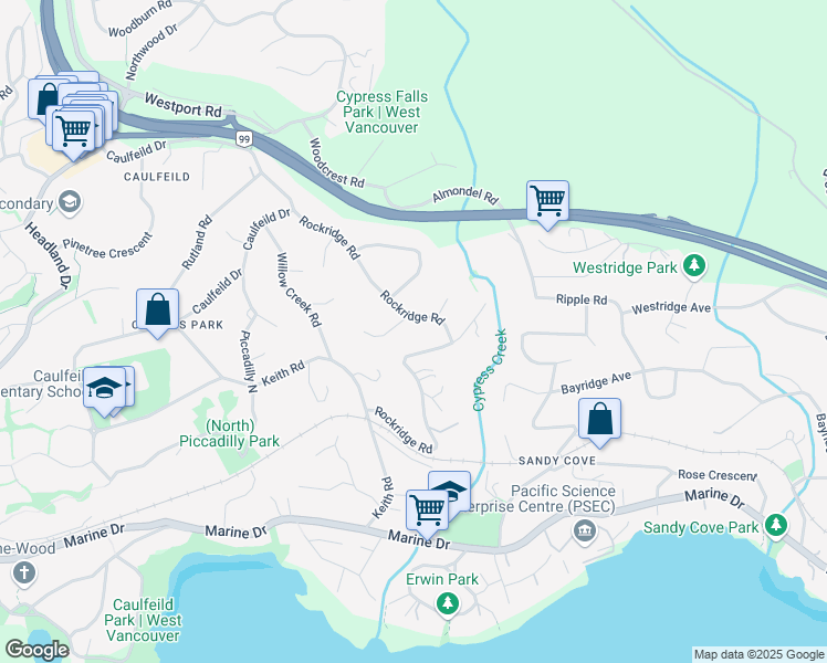 map of restaurants, bars, coffee shops, grocery stores, and more near 4265 Rockbank Place in West Vancouver