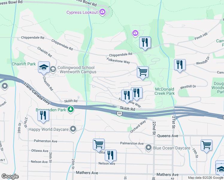 map of restaurants, bars, coffee shops, grocery stores, and more near 2243 Folkestone Way in West Vancouver