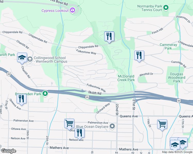 map of restaurants, bars, coffee shops, grocery stores, and more near 2396 Folkestone Way in West Vancouver