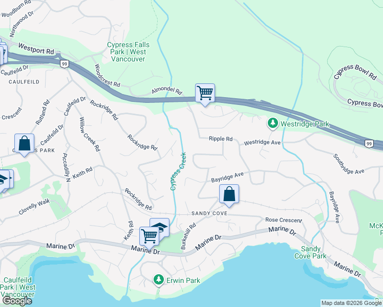 map of restaurants, bars, coffee shops, grocery stores, and more near 4138 Burkehill Road in West Vancouver